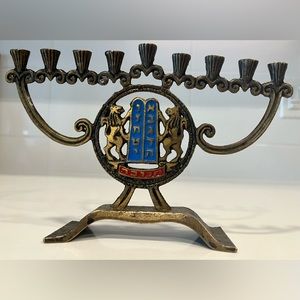 Vintage Hen Holon Menorah Hanukkah Brass Enamel Lion of Judah  Israel 8"